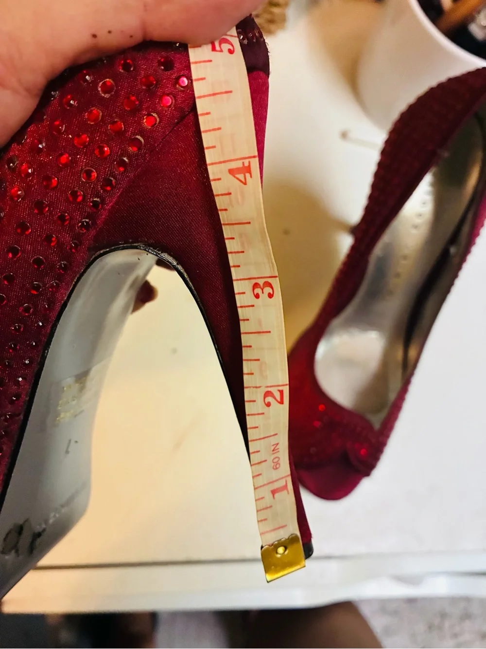 Martinez Valero Burgundy Rhinestone Peep Toe Platform Heels